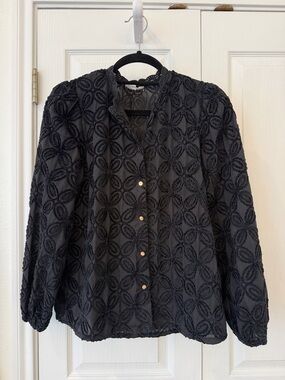Cerise Blue Black Textured Sheer Puff Sleeve Button Front Blouse Size S
